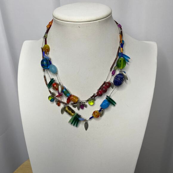 Chico's Jewelry - Chico's multi colored bohemian necklace signed costume jewelry blue green beads